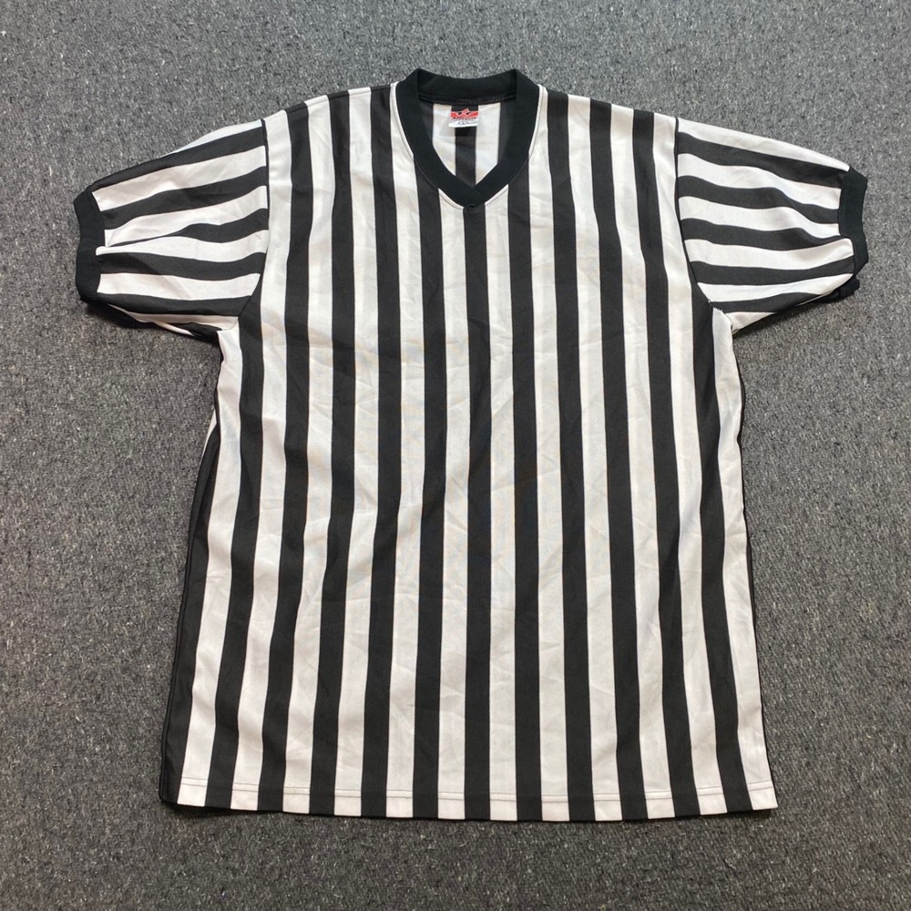 Alleson Athletic Referee Shirt Sz L Mens Black White Skater V Neck Official Tee